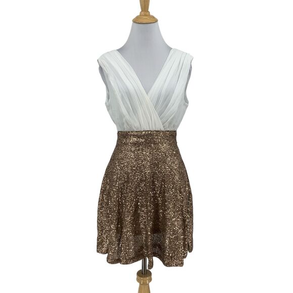 Double Zero Dress Women S Small White Bronze Two Tone Sequined Surplice Back Zip - Picture 1 of 16